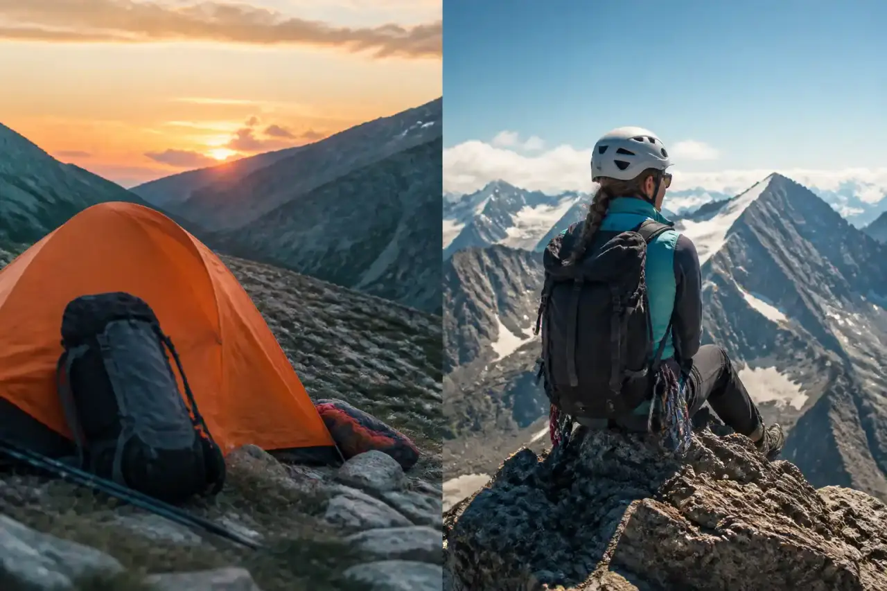 Illustration colorée d'un sac alpin minimaliste posé devant une crête de montagne au lever du soleil
