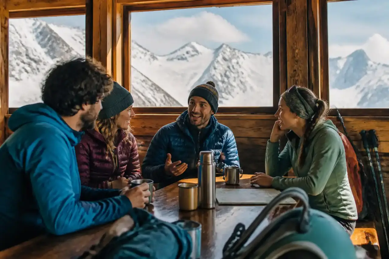 Illustration pop et colorée d’un trekkeur léger arrivant devant un refuge alpin