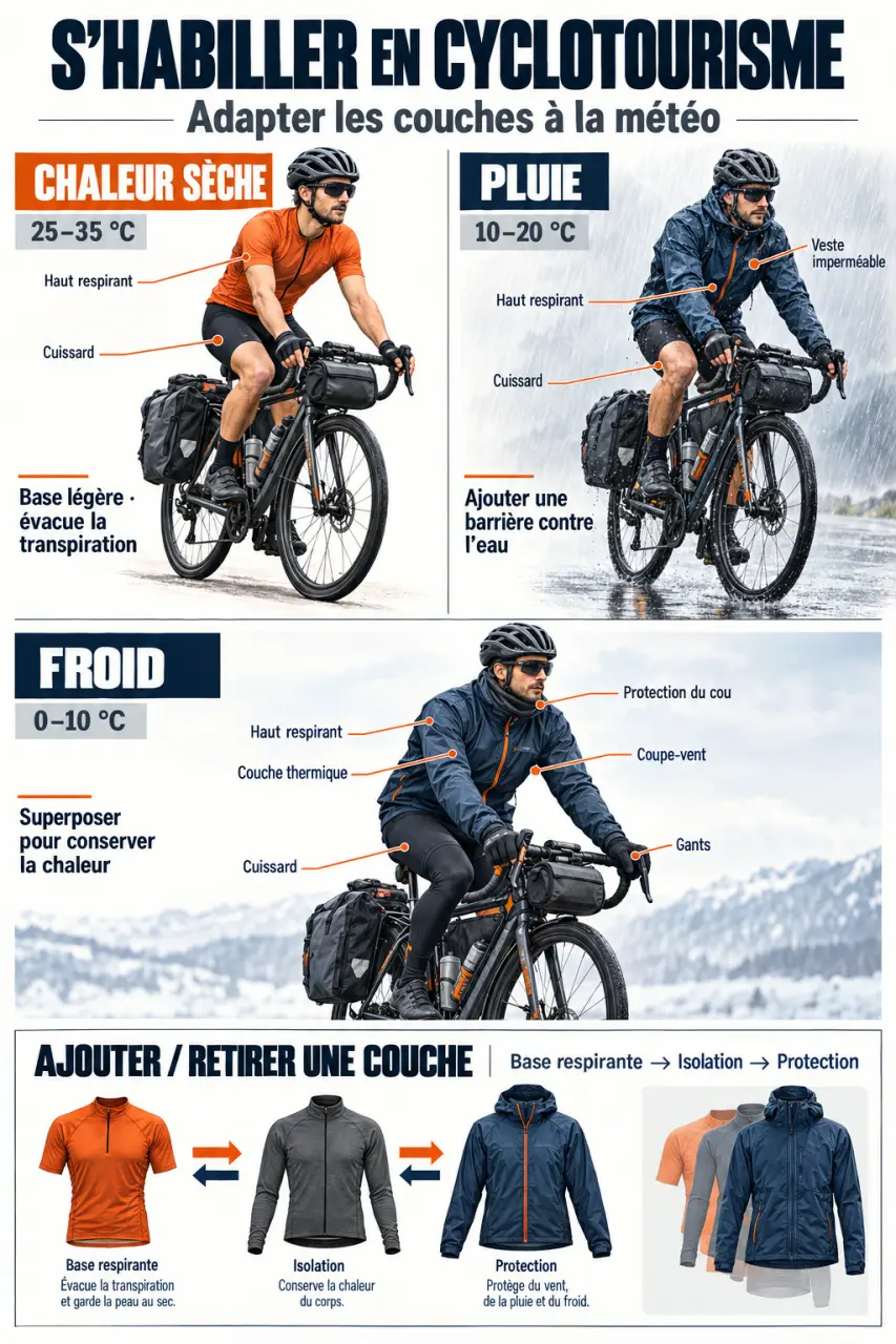 Infographie des vêtements de cyclotourisme adaptés à la chaleur, à la pluie et au froid