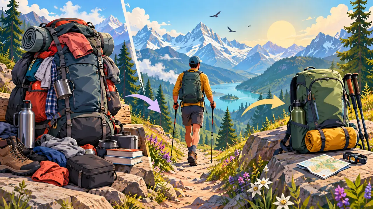 Sac à dos de trek ouvert avec du matériel coloré avant et après le tri