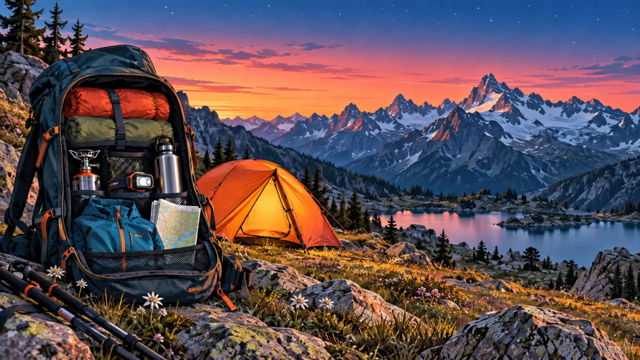 Sac à dos posé au bord d'un bivouac alpin face aux montagnes