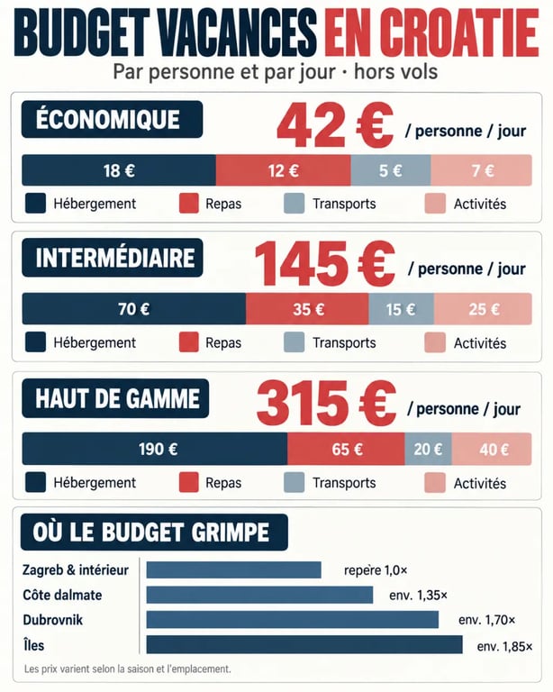 Infographie du budget vacances Croatie par niveau de confort et par jour