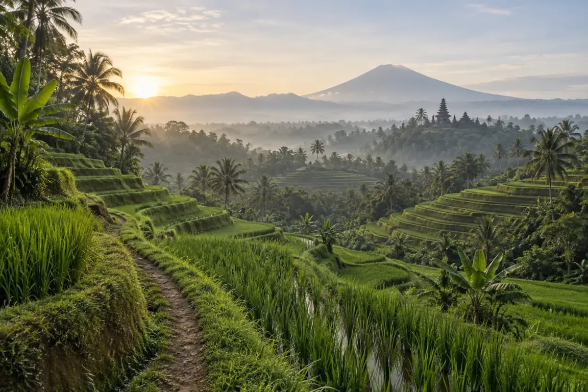 Voyage à Bali conseils : rizières en terrasses et temple balinais au lever du jour
