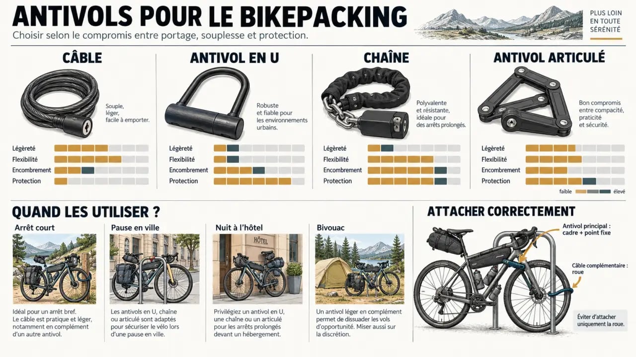 Infographie sur l’antivol bikepacking : câble, U, chaîne et antivol articulé selon les situations