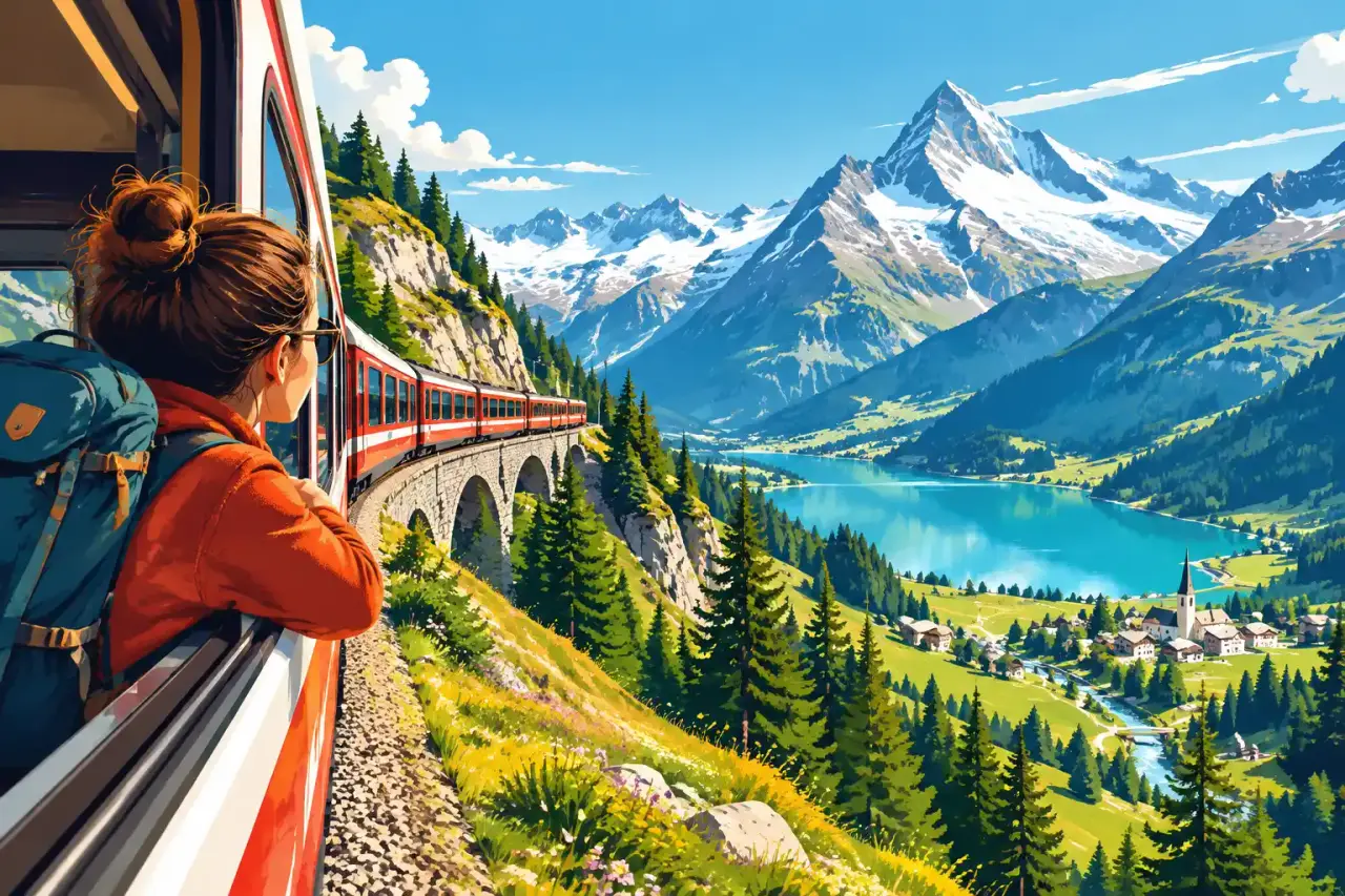 Voyageur avec un sac à dos devant les montagnes alpines et une ligne de train