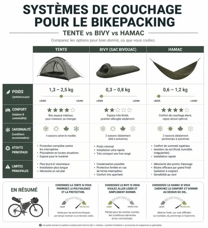 Comparatif des systèmes de couchage pour l'équipement bikepacking