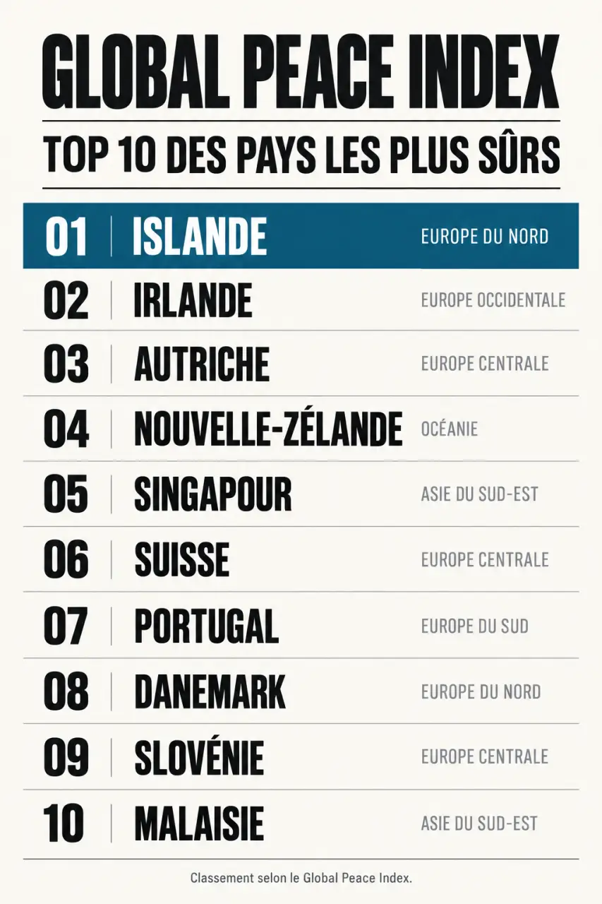 Infographie du pays le plus sûr du monde et du top 10 du Global Peace Index