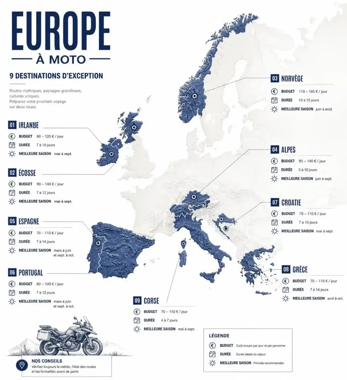 Carte des destinations pour un voyage moto europe avec budget et saison par pays
