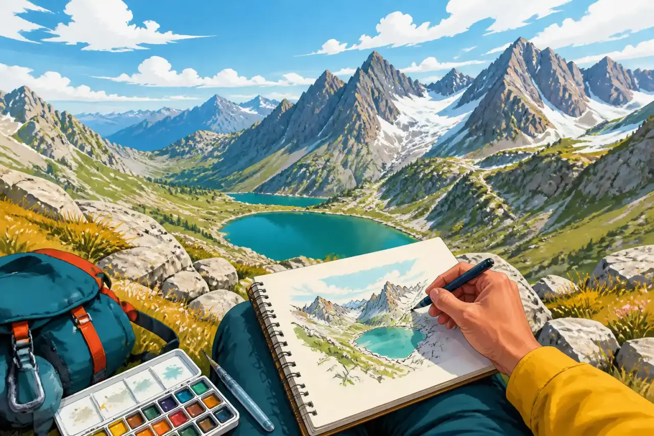 Illustration d'un randonneur dessinant face aux sommets des Alpes