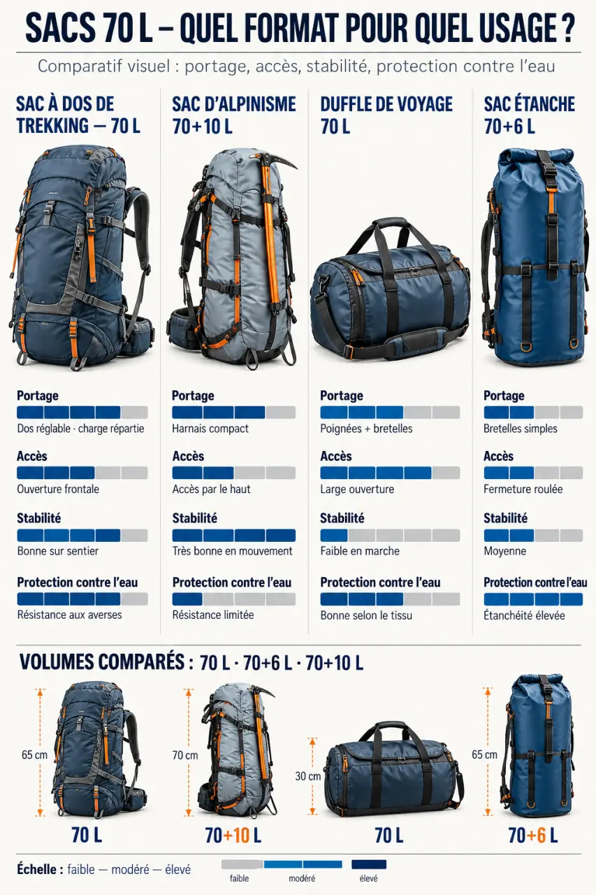 Infographie comparative pour choisir un sac 70l selon l’usage : trekking, alpinisme, voyage ou activités nautiques