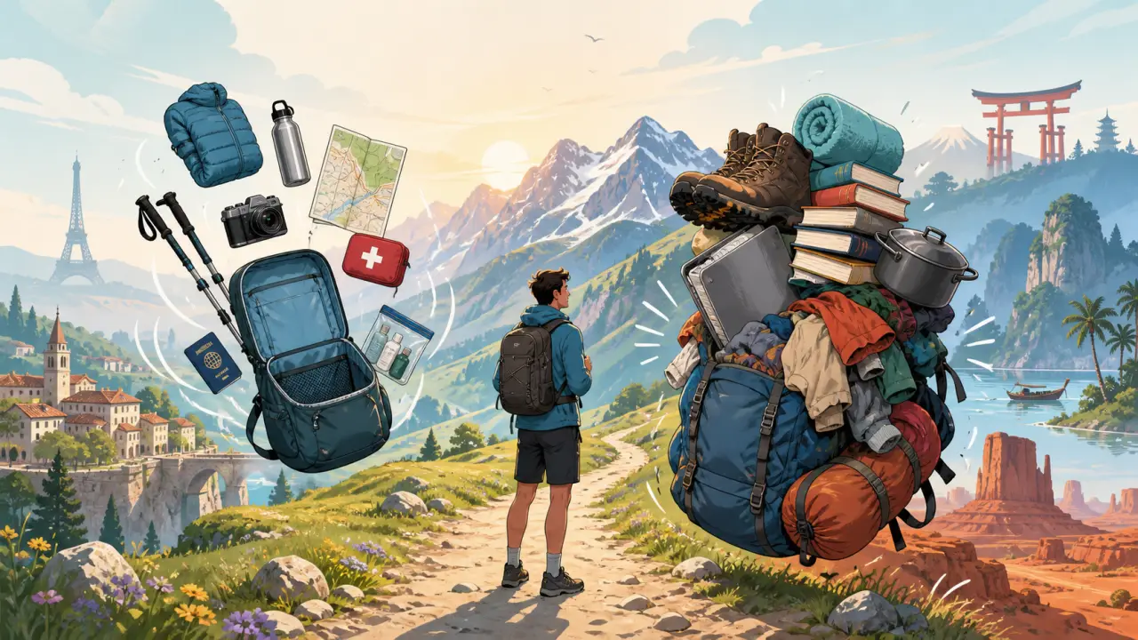 Illustration colorée d'un voyageur avec un sac à dos et une carte