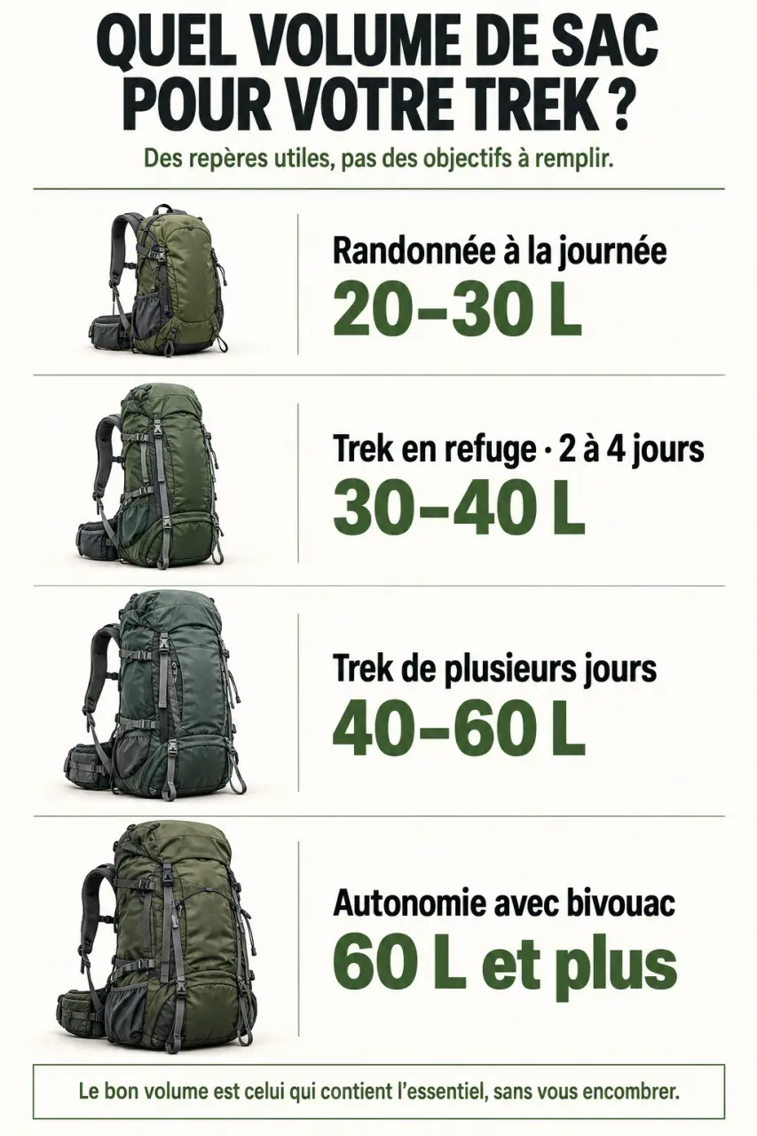 Trek matériel : volume du sac selon la durée et le niveau d’autonomie