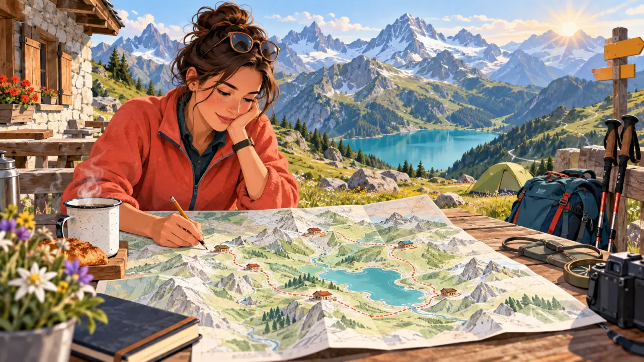 Randonneur devant un paysage alpin coloré avec une carte et un sac à dos