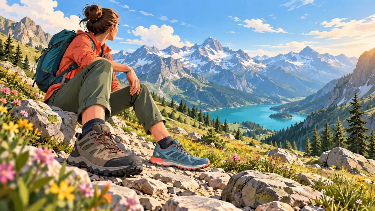 Chaussures de trek et de trail posées sur un sentier de montagne