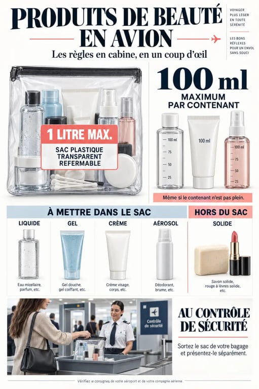 Produits de beauté en avion : règle des 100 ml et sac transparent d’un litre