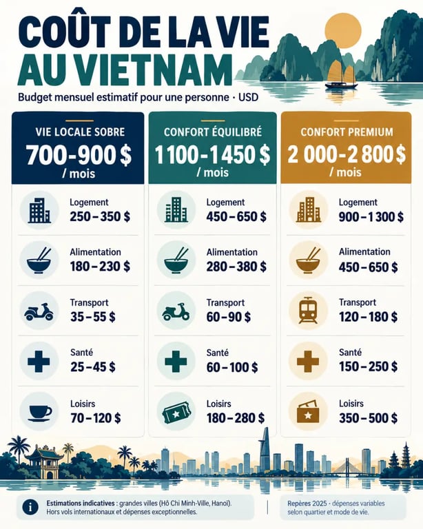 Infographie sur le coût de la vie au Vietnam selon trois niveaux de budget mensuel