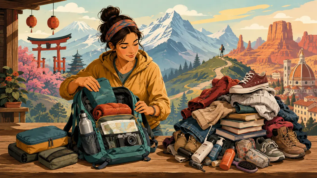 Illustration colorée d'un backpacker observant une carte, entouré de formes géométriques néon