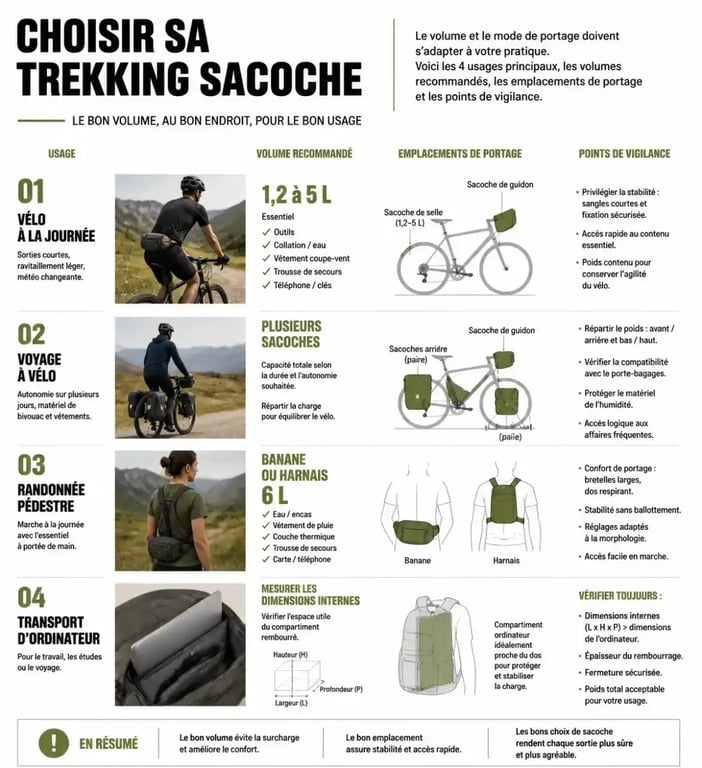 Infographie trekking sacoche : usages, volumes et modes de portage