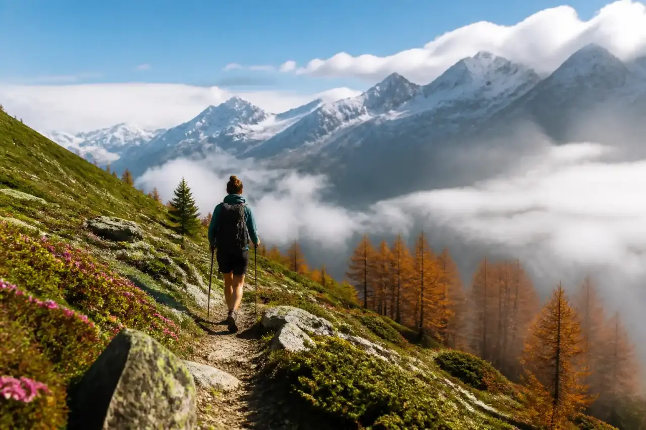 Illustration d’un trekkeur observant une carte en montagne, style Memphis coloré