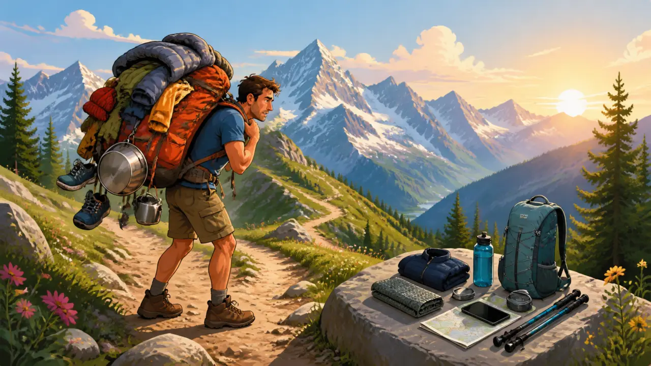 Illustration colorée d'un trekkeur consultant sa carte en montagne