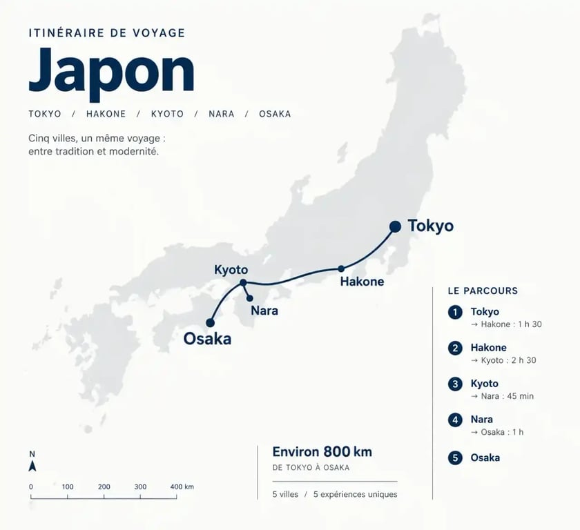 Carte de l'itinéraire pour un voyage de 15 jours au Japon entre Tokyo, Kyoto et Osaka