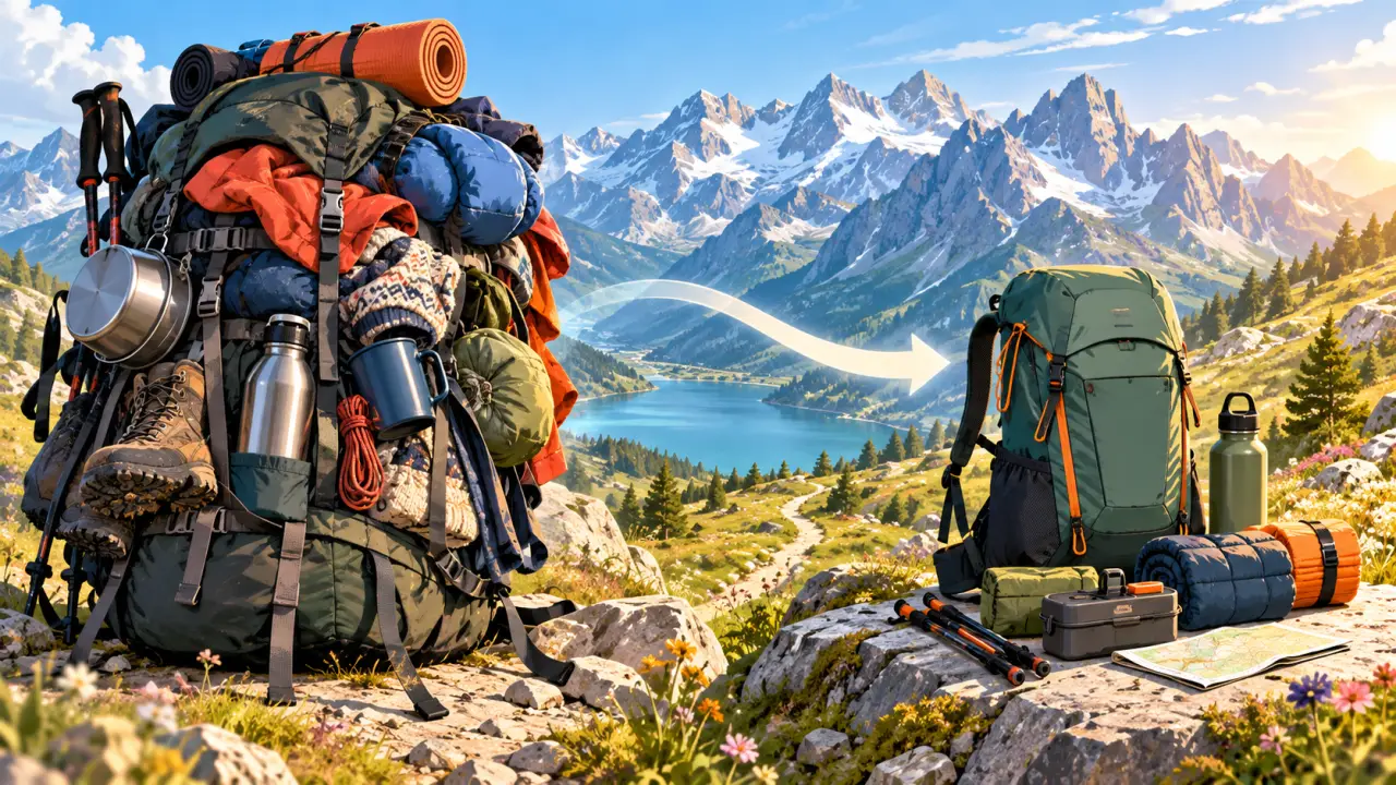 Sac à dos alpin ouvert avec du matériel de randonnée coloré