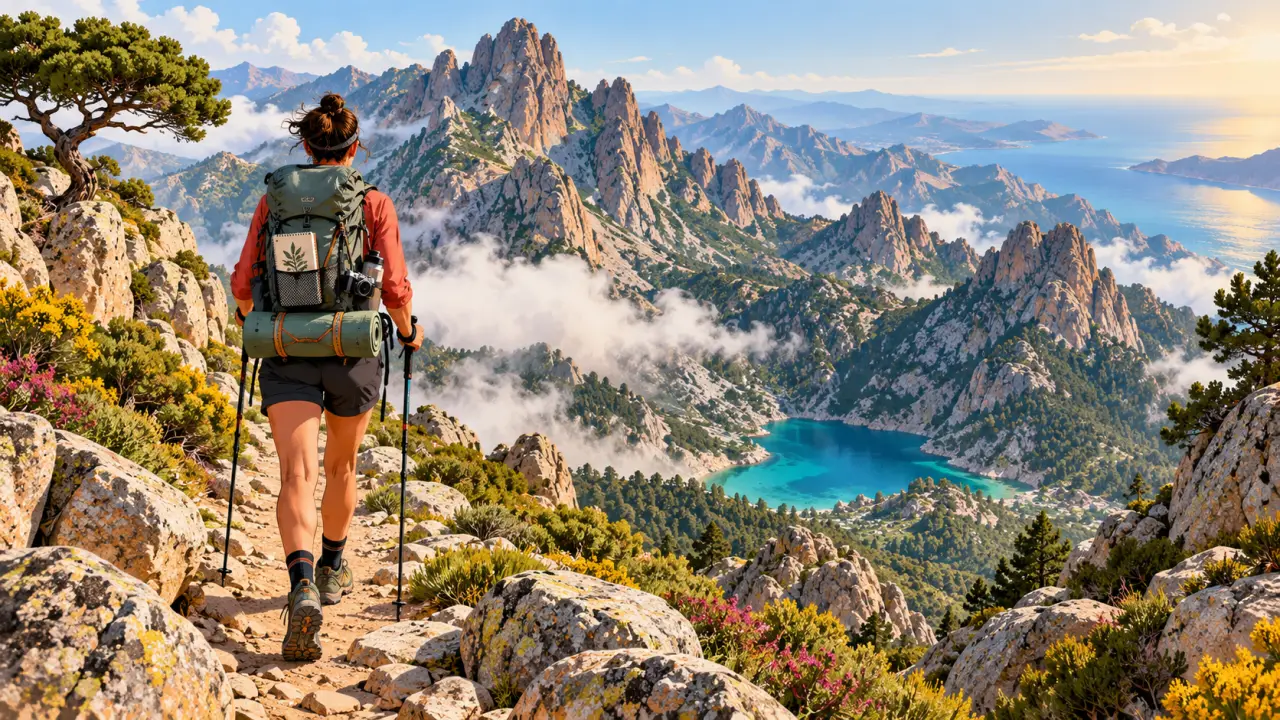 Designer nomade avec un sac à dos sur les sentiers colorés du GR20 en Corse