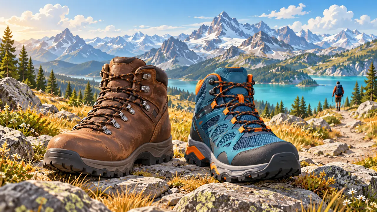 Chaussures de trek en cuir et synthétiques posées sur un sentier de montagne