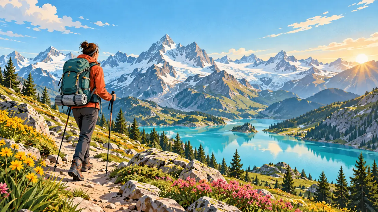 Randonneur avec un sac à dos coloré face aux montagnes alpines