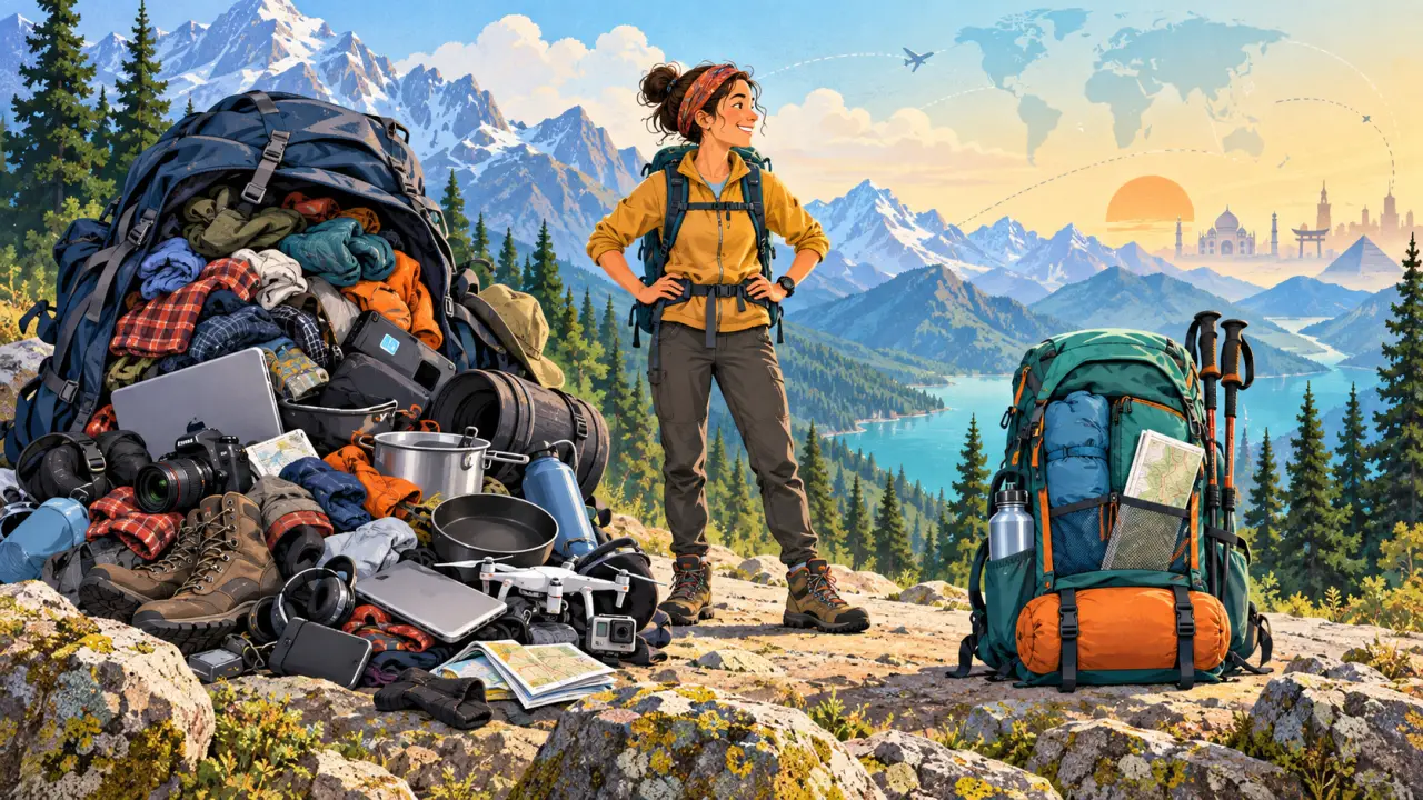 Sac à dos de trek allégé, entouré de matériel de randonnée coloré