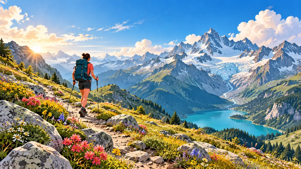 Randonneur avec un sac à dos devant un paysage coloré des Alpes