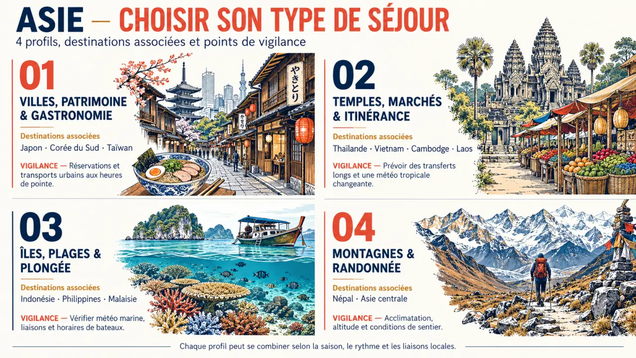 Guide voyage Asie : quatre profils de destinations entre villes, temples, plages et montagnes