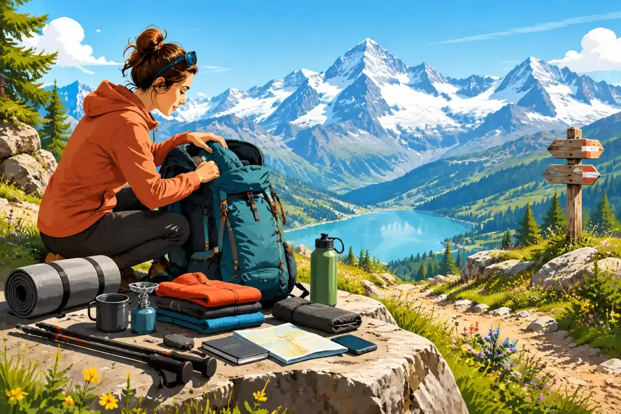 Randonneur préparant son sac avant un trek dans les Alpes
