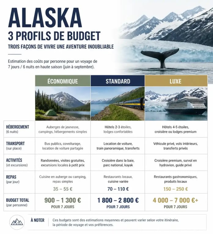 Infographie des budgets de voyage en Alaska selon le profil du voyageur