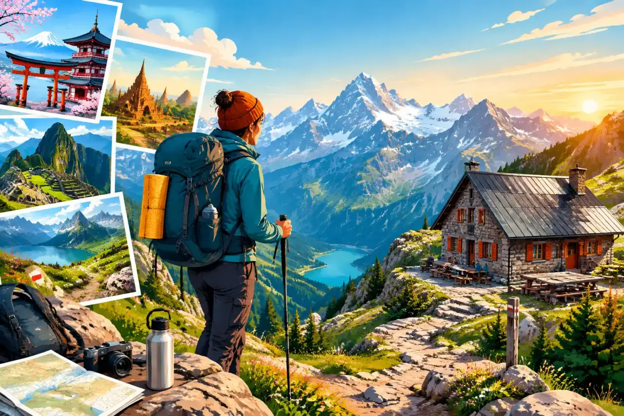 Voyageur avec un sac léger devant un refuge de montagne coloré
