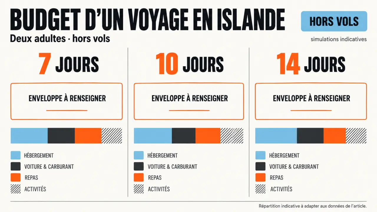 Infographie du budget voyage Islande pour une semaine, dix jours ou deux semaines