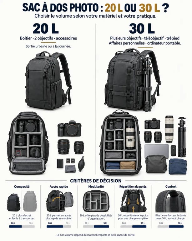 Infographie pour choisir un sac à dos photo de 20 L ou 30 L selon son équipement